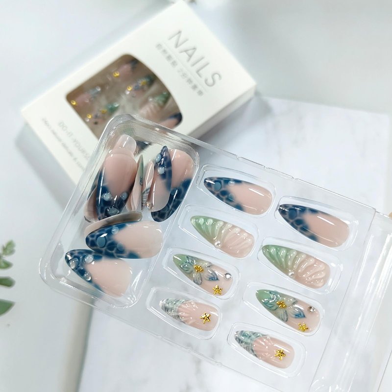 24Pcs Blue French Tip Press on Nails Medium Almond Fake Nails with Gold Seashell Designs 3D Flower Pearl Rhinestones Acrylic Stick on Nails Summer False Nail Tips Glue on Nail for Women