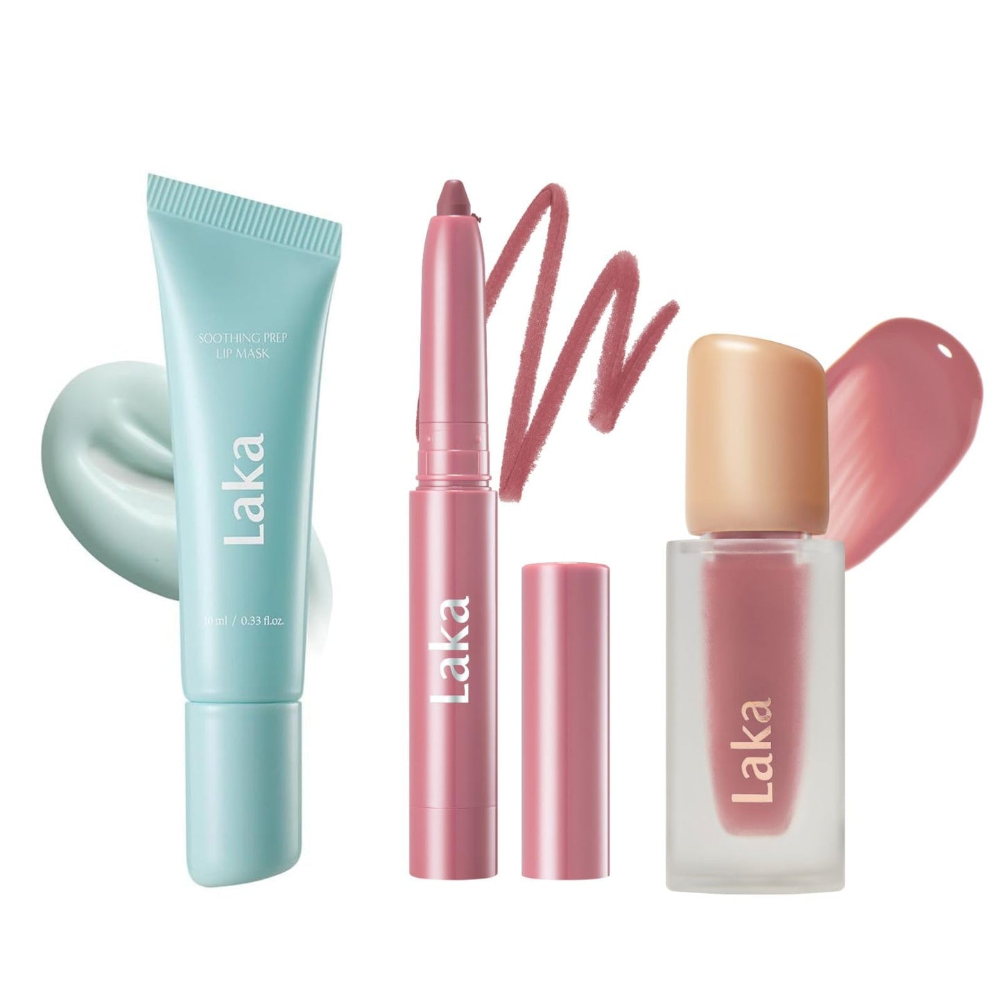 Laka Soothing Prep Lip Mask + Stain Lip Liner #02 Suede Pink & Fruity Glam Lip Tint #124 Maro, Peel-off Lip Mask & Long Lasting Vivid Color