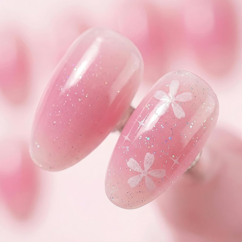 Pink Ombre Press-On Nails - Medium Almond 24 Pcs | Glossy Gradient Floral & Glitter Designs, Reusable Manicure Kit for Women & Girls