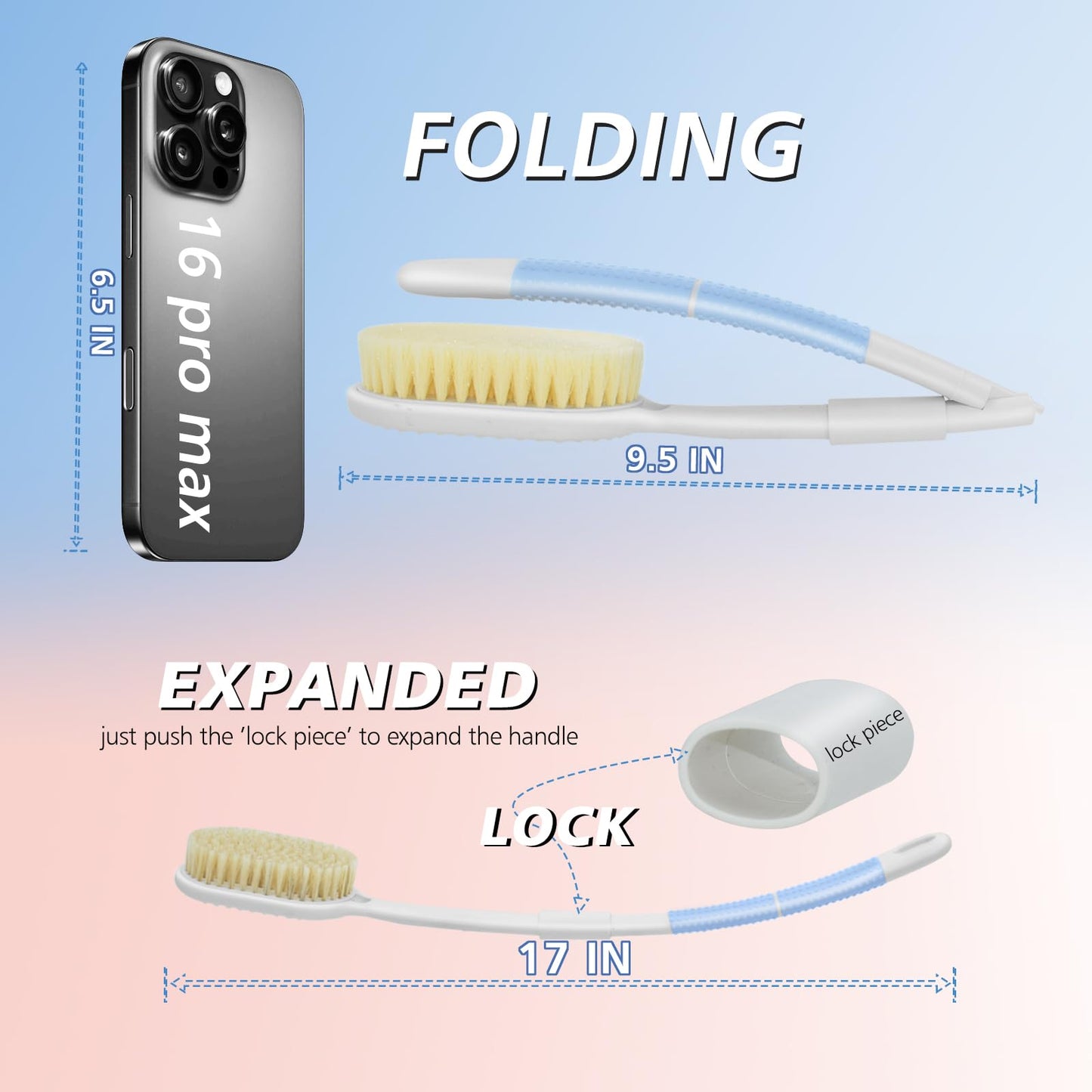 Portable Shower Brush,Long Curved Foldable Handle with Soft and Stiff Bristles,Back Scrubber Bath Brush Removable Body Exfoliator for Wet or Dry Brushing