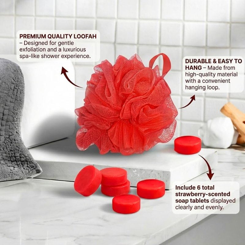 Bath Shower Loofah with Strawberry-Scented Soap – Soft & Exfoliating Body Scrubber, Soap-Infused Loofah, Luxurious Spa Experience, Durable (Red - Strawberry, Medium (Pack of 1))
