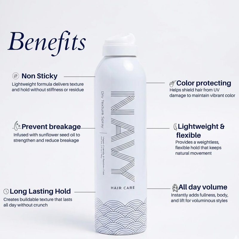 NAVY HAIR CARE Dry Texture Spray | Volumizing Hair Spray for Thin, Flat & Fine Hair | Flexible Hold for Soft, Touchable Beach Waves | Adds Shine | Cruelty-Free | 7 oz