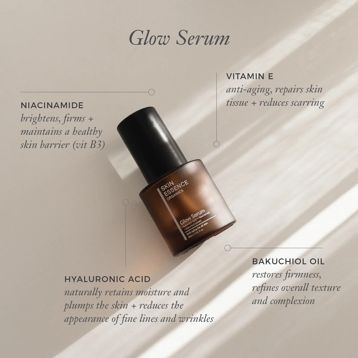Skin Essence Organics Glow Serum, Anti-aging Hyaluronic Acid and Niacinamide, 30ml