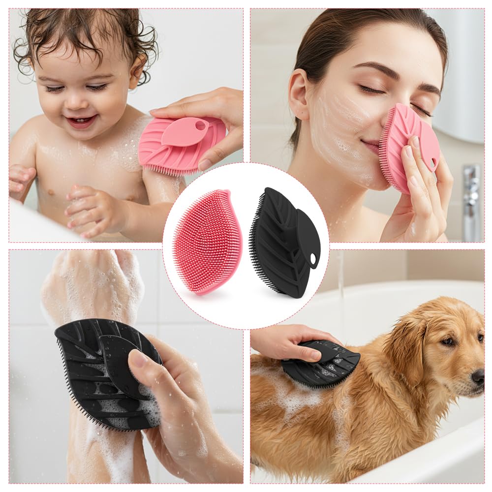 2 Pack Silicone Body Scrubber, Soft Silicone Loofah, Gentle Exfoliating Body Scrubber for Sensitive Skin, Leaf Shaped Shower Scrubbers, Silicone Scrubbers Body Brush for Women Men (Pink & Black)