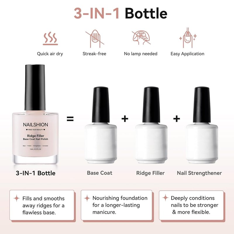 Ridge Filler Base Coat - 3-in-1 Nail Strengthener & Growth | Clear Fortifying Formula for Damaged Nails