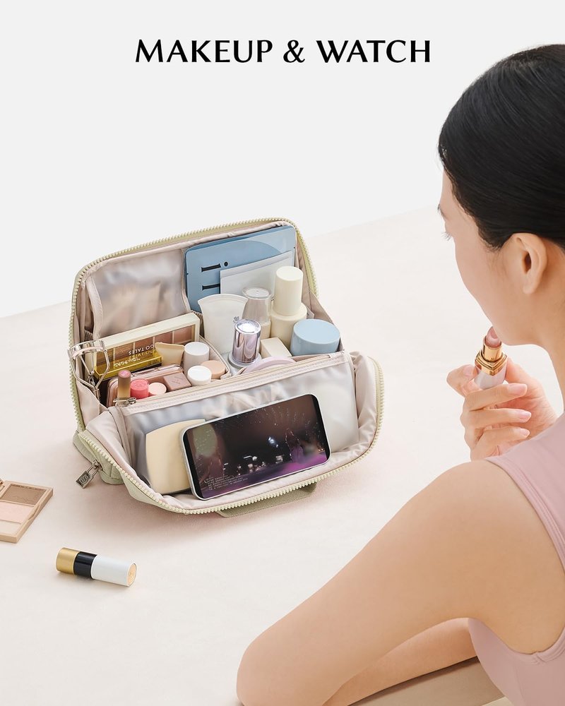EACHY Standing Makeup Bag - Large Waterproof Cosmetic Bag & Toiletry Bag Organizer with Phone Holder, Detachable Dividers, Wipe-Clean Brush Pouch for Women