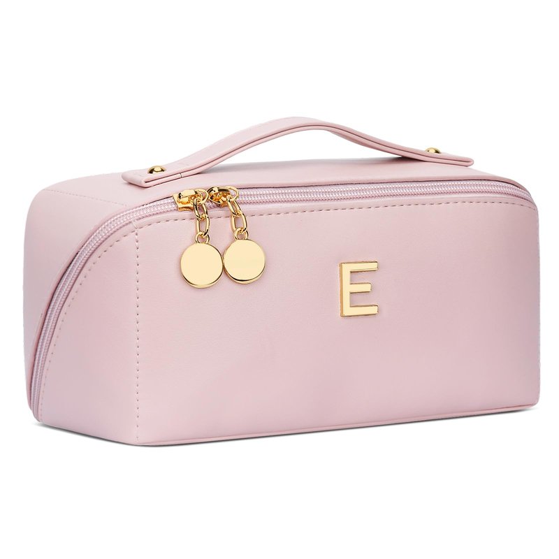 CLOUDWINGS Initial Makeup Bag Gifts for Women Bridesmaid Gifts Travel Toiletry Personalized PU Leather Waterproof Cosmetic Bag (Large-Pink-E)