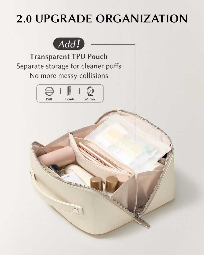EACHY Travel Makeup Bag - Large Capacity Waterproof PU Leather Cosmetic Organizer | Portable Toiletry Bag for Skincare & Brushes
