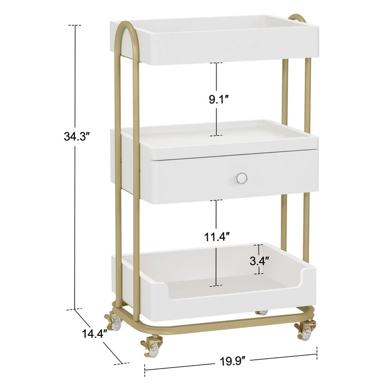 BarberPub Salon Trolley Cart with Lockable Wheels, Stylist Trolley with 3 Shelves, Salon Storage Cart for Beauty Shop, Barber Shop, Spa 2086 (White&Gold)