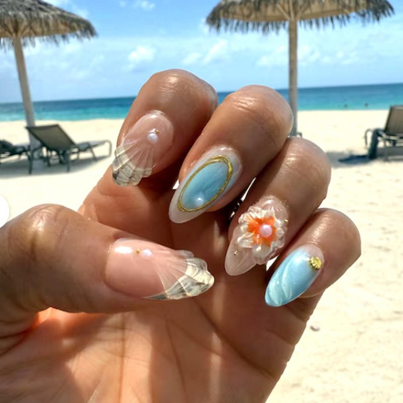 Press-On Nails - Summer Beach Almond French Tips with 3D Flower & Gold Shell Design | Blue Gradient Full Cover Acrylic, 24 Pcs