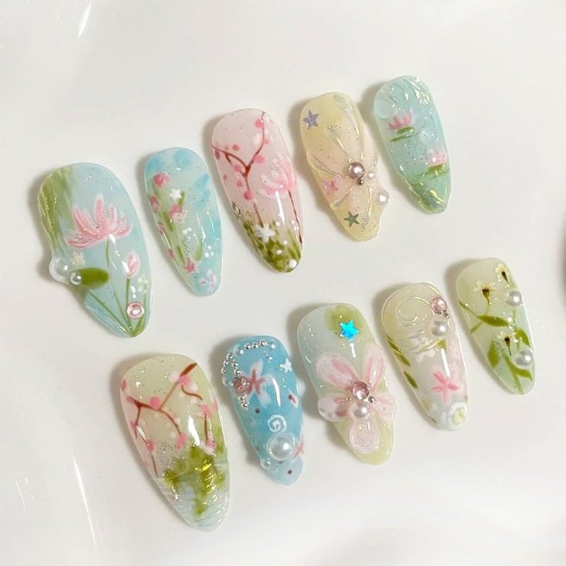 Floral Press-On Nails - Handmade Almond Shape with Pearls & Rhinestones | Glossy Reusable 24-Pcs Set for Daily Wear