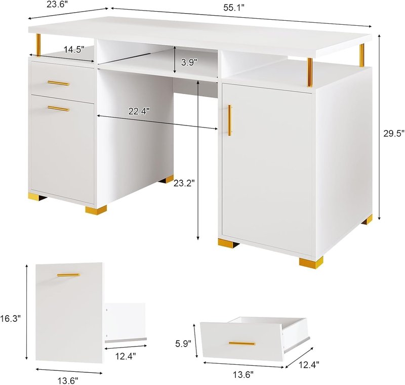 MaverickFurni White Nail Desk for Nail Tech, Manicure Table with 2 Drawers and Cabinet, 55 Inch Nail Table with Adjustable Shelf, Manicure Table Nail Station, White and Gold