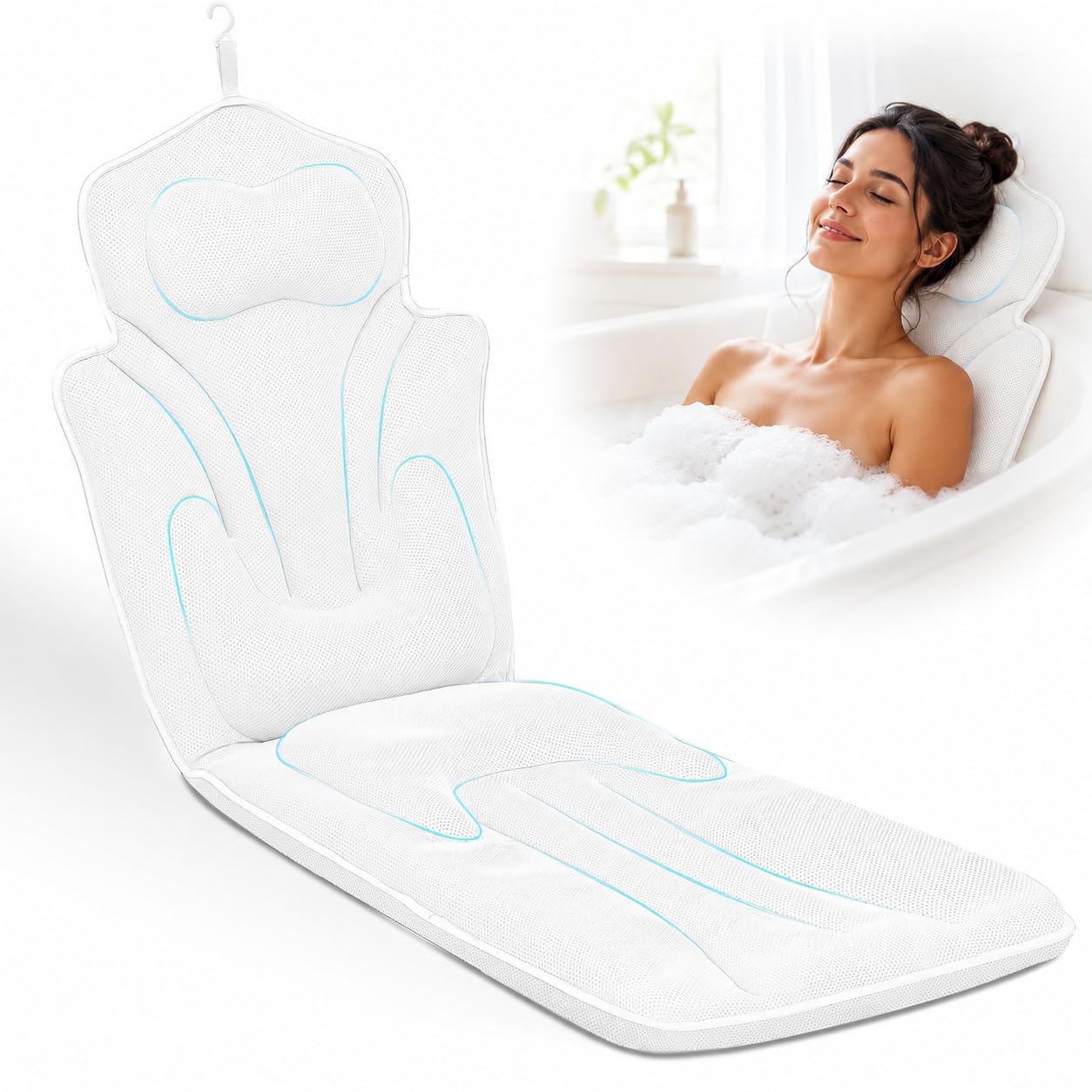 Full Body Bath Pillow for Bathtub - Thick Bathtub Cushion, Bathtub Pillow with 114 Suction Cups, 5D Air Mesh Bath Pillows for Tub Full Body, Head Neck Back Support, White 59 x 20 in