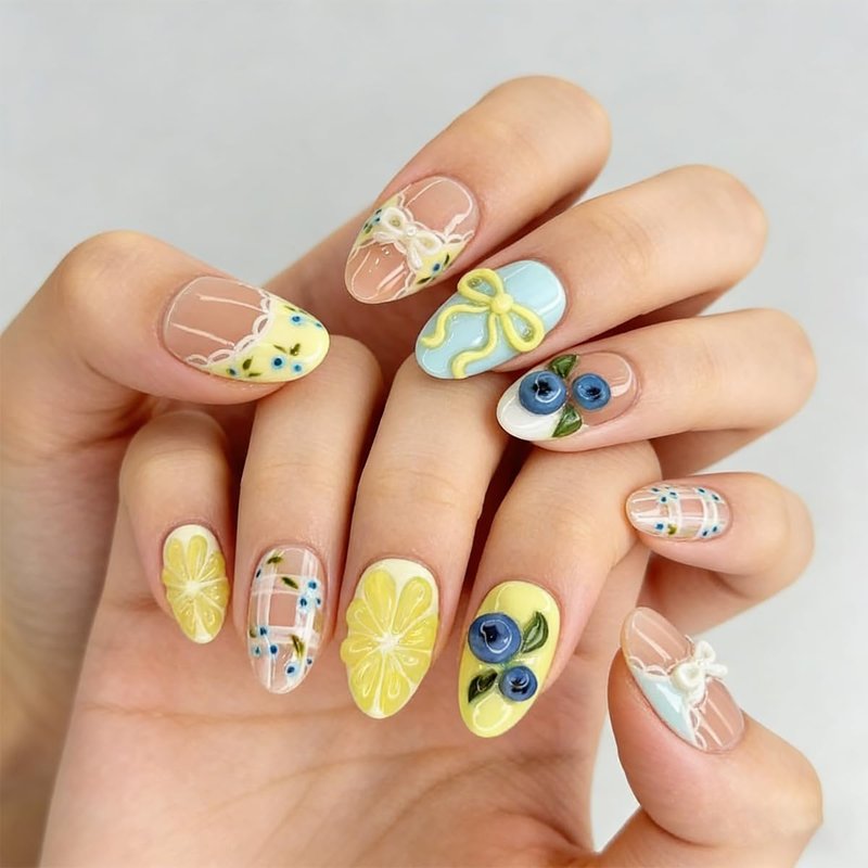 Skiennix 3D Lemon Blueberry Press-On Nails - Glossy Almond Shape, 30Pcs Handmade Acrylic Nail Art Tips for Summer Fun