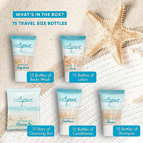 Aqua Organics Hotel Soaps & Toiletries Bulk Set | 1-Shoppe Amenities Kit | 1oz Shampoo & Conditioner, Body Wash, Lotion, 1oz Bar Soap | Travel Size | 75 Pieces
