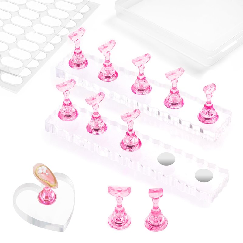 ESUOHYM Nail Stand For Press On Acrylic Strong Magnetic Nail Holder Kit For Painting Nails Tip Arts Display With 200PCS Double-Sided Tape And 1 Heart Shaped Acrylic Magnetic Presson Stand (Clear And Pink, Medium)