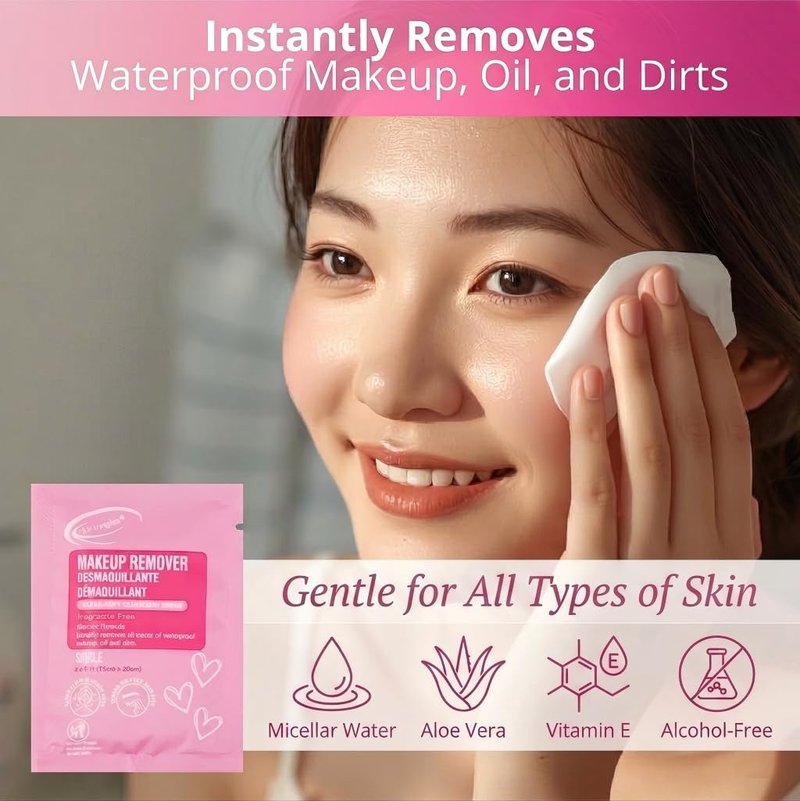 Air Jungles Pink Micellar Makeup Remover Wipes - 25ct Individually Wrapped Travel Size Facial Cleansing Wipes with Vitamin E, Gentle Face Wipes for Sensitive Skin, Gift for Women & Girls