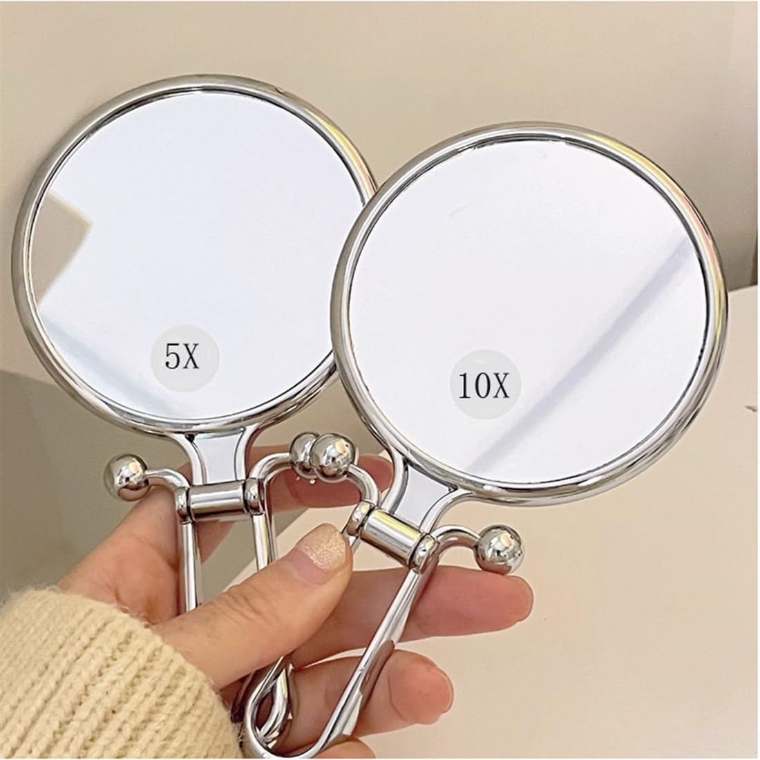 Stianiiie 1X/5X Handheld Mirror, Tabletop Mount, Modern Personal Compact Travel Mirror, Silver Frameless, 5.7"L x 3.5"W