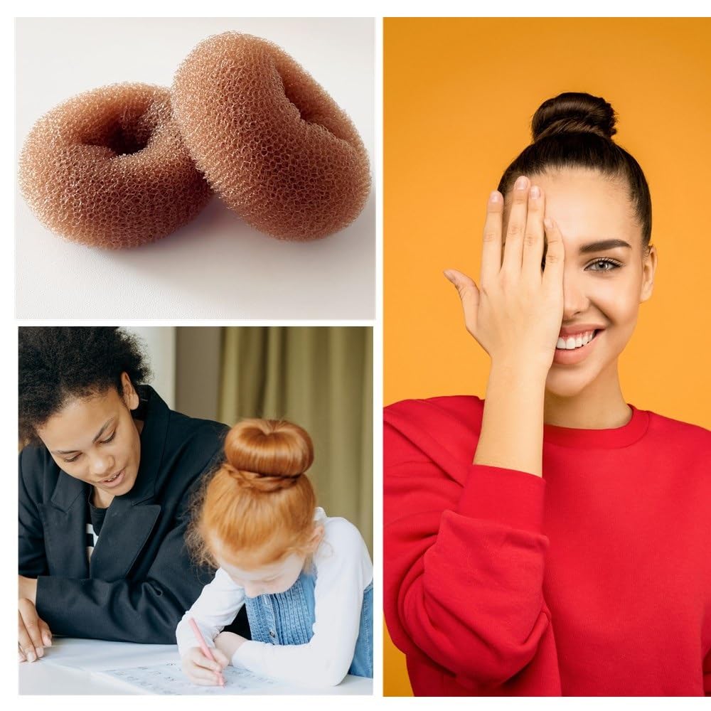 SQULIGT Pack of 2 Medium Hair Bun Maker, Hair Donut Set for Kids Girls Women, Hair Donut Bun Maker Tool for Short and Thin Hair Crown Shapers Accessories (Size M/ 3 Inch, Light Brown)
