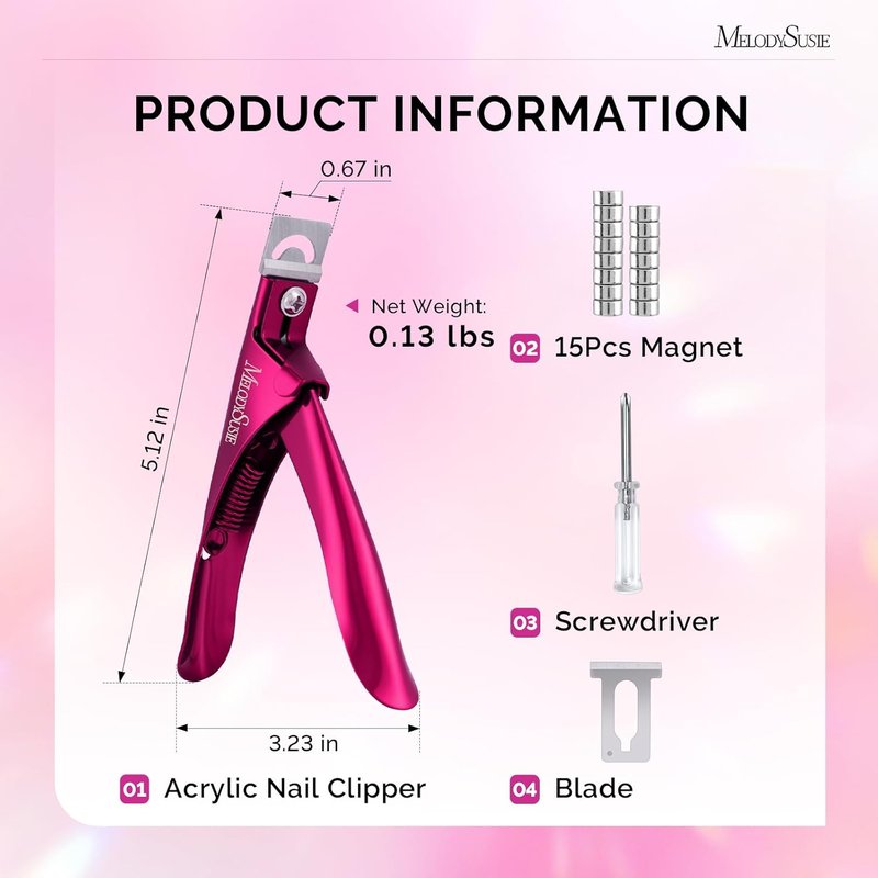MelodySusie Acrylic Nail Clippers - Professional Adjustable Stainless Trimmer with 15pcs Magnet Sizers | Plum Color
