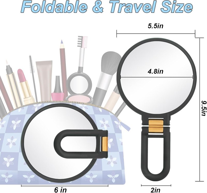 20x Magnifying Travel Mirror - Double-Sided Handheld Makeup Mirror with Foldable Handle | Portable Black Design