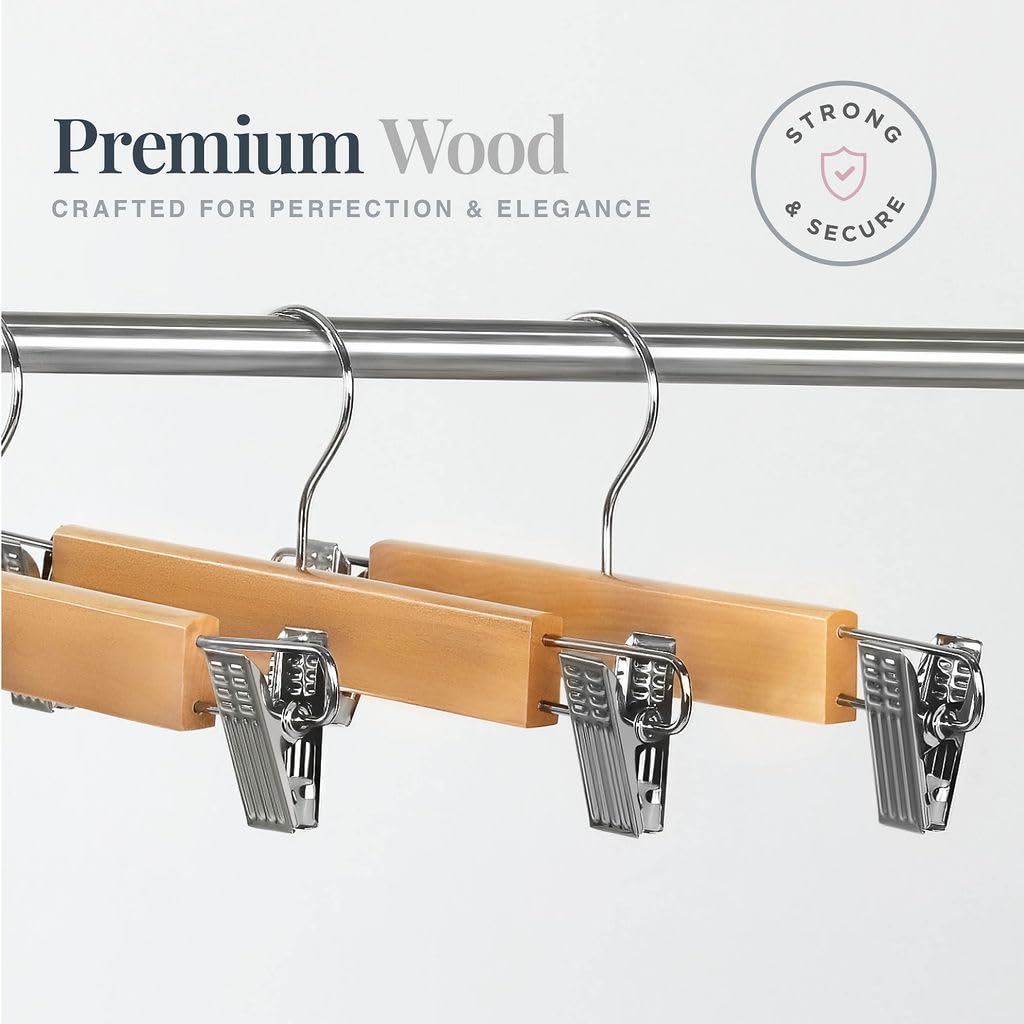 10 Pack Wooden Pants Hangers with Clips - Smooth Finish Solid Wood Skirt Hangers Space Saving - Natural Wood Color - Clip Hanger for Pant, Skirts, Shorts, Tanks, Blankets, and Dresses.