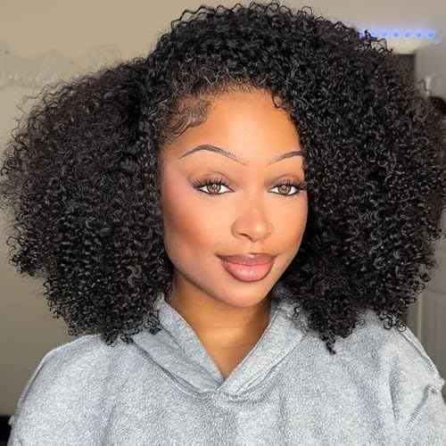 Half Wig Human Hair Kinky Curly Flip Over Wig 230% Density with Drawstring Seamless Clips Glueless Natural Black Ready to Wear Wigs for Women 16 Inch
