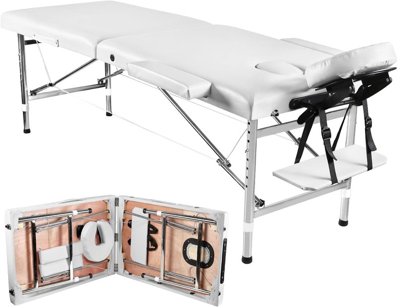 Portable Massage Table - Foldable Height Adjustable Lash Bed | PU Leather Facial Tattoo Bed (White)