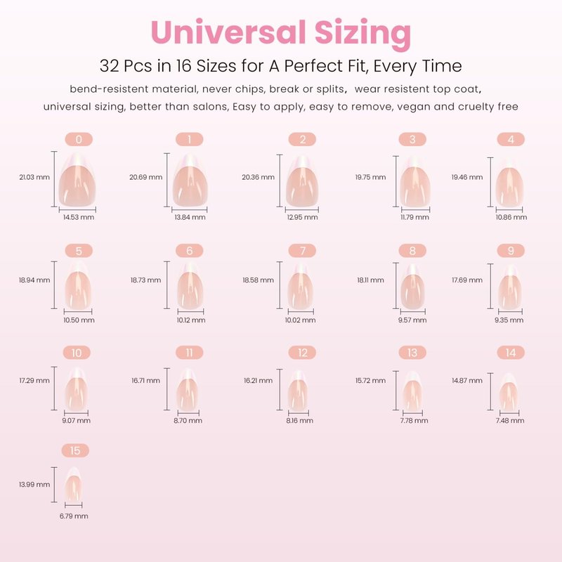 Nail Reformation Press On Nails, Mirror Effect | Short Almond Fake Nails in White French Tip on Pink Gradient Metallic Base, Reusable Stick On Nails in 16 Sizes - 32 False Nail Kit for Women Gifts