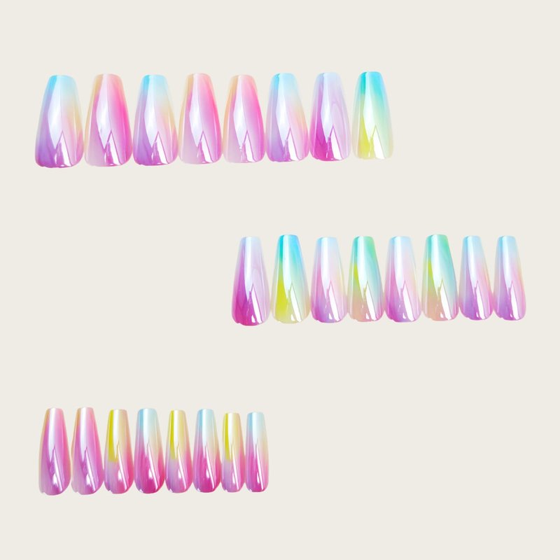 Laser Press on Nails Medium Coffin Fake Nails Rainbow Aurora Acrylic False Nails with Glossy Designs Colorful Gradient Full Cover Stick on Nail Reusable Glue on Nail for Women Girls 24Pcs