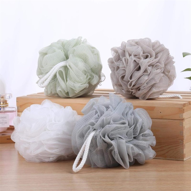 60g Large Bath Flower，4 Pack Mesh Pouf Bath Sponge - Mesh Loofah Body Exfoliating Shower Ball Shower Sponge