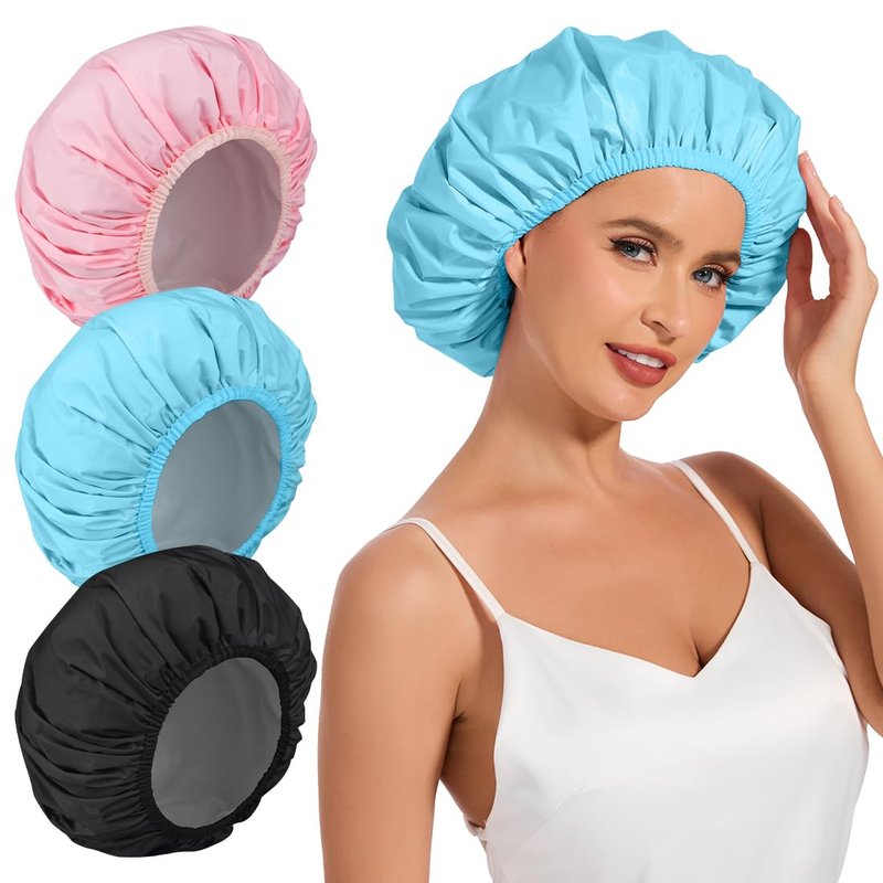 3 Pack Waterproof Shower Cap for Women, Reusable Bath Cap for Long Hair, Comfortable Hair Cap for Shower and Home Use