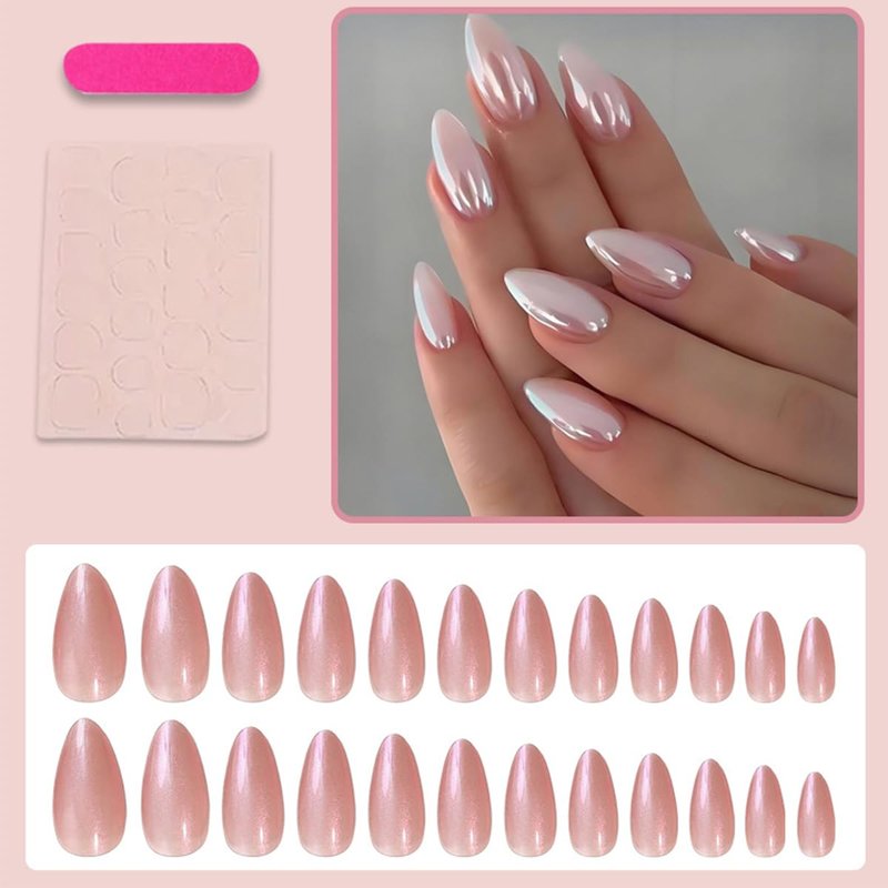 Skiennix 24Pcs Almond Press On Nails - Glossy Pearlescent Pink | Reusable Medium Length Acrylic Set for Weddings & Parties