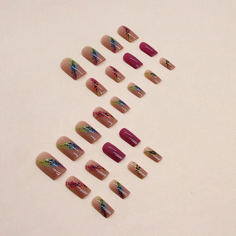 Press on Nails Medium Length Colorful Gradient False Nails Artificial Acrylic Nails Square Fake Nails Full Cover Glossy Reusable Coffin Nails Glue on Nails for Women 24Pcs