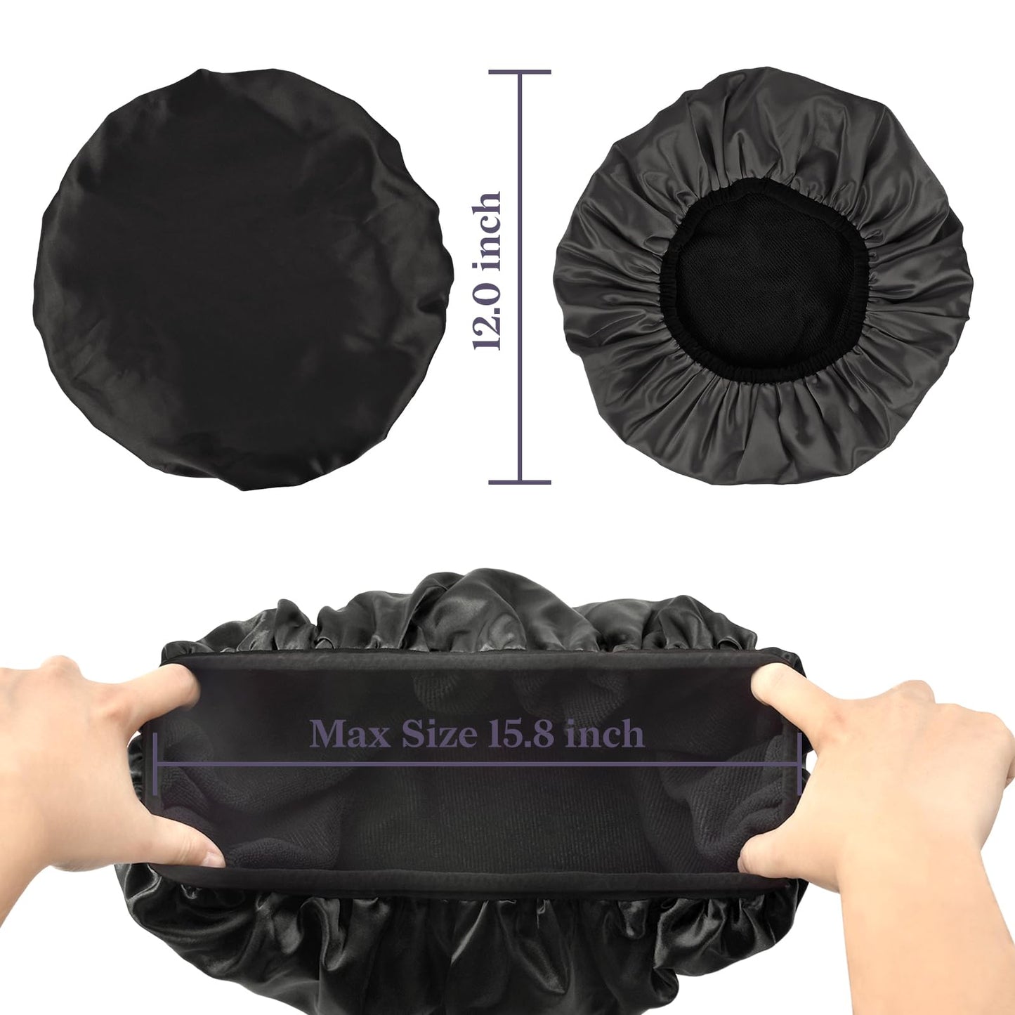 Yonchic Three-Layer Terry Cloth Lined Satin Shower Cap, with Silk Hair Ties, Microfiber Waterproof Reusable Large Size Shower Cap for Women Long Thick Hair (Black)