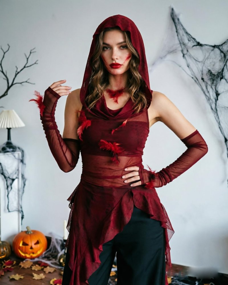 Women Gothic Mesh See Through Hooded Tops Y2K Irregular Hem Ruffles Hoodie Blouse with Cuffs Red