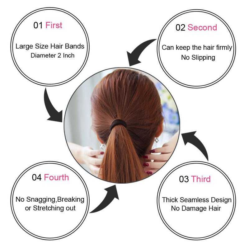 J-MEE Hair Bands - 100PCS Seamless Cotton Ponytail Holders | Durable Scrunchies for Thick Hair - Black