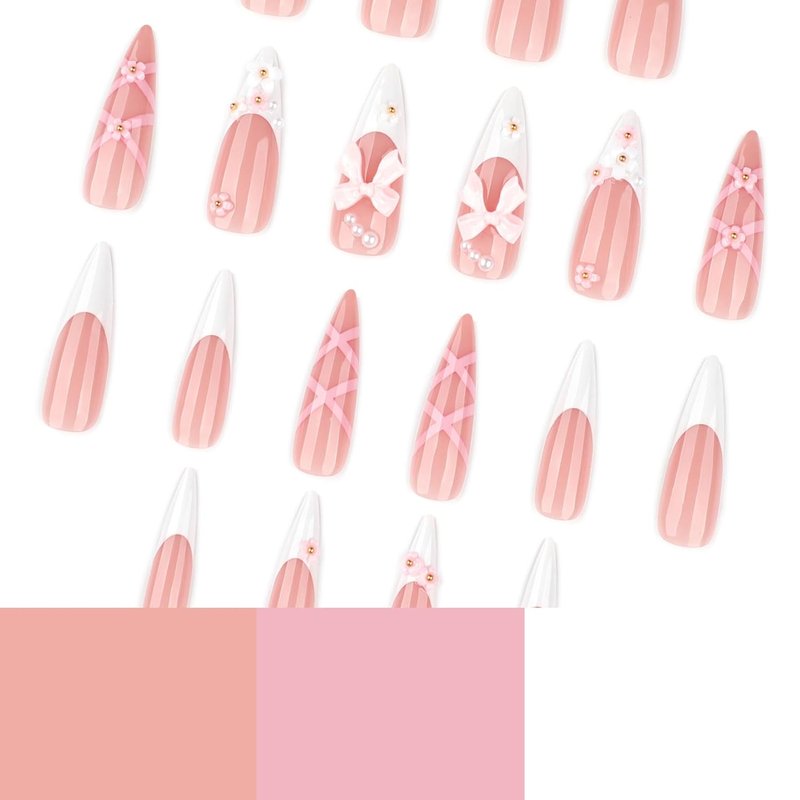 Long Almond Press-On Nails - Pink French Tip with 3D Bow Flower Designs | 24 Pcs Stiletto Artificial Nails for Women