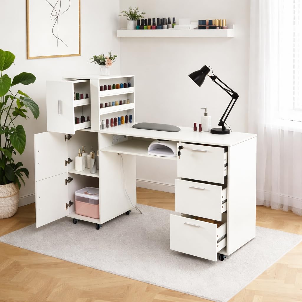 WLLPNG 55.1" Rolling Nail Table for Nail Tech, Manicure Table with Storage and Power Outlet, Portable Nail Desk with Drawers for Professional Beauty Salon Home (White)