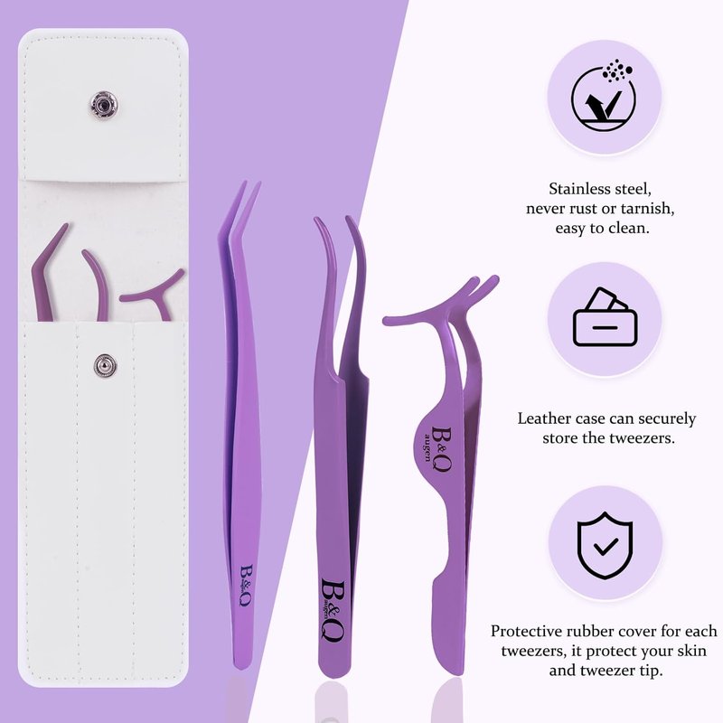 Eyelash Applicator Tool Kit - 3 PCS Lash Tweezers for Easy Eyelash Extensions | Purple