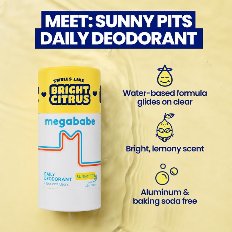 Megababe Daily Deodorant Sunny Pits | Summer and Hot Weather Essential | Aluminum-Free, Clear & Clean | 2.6 oz (Pack of 1)