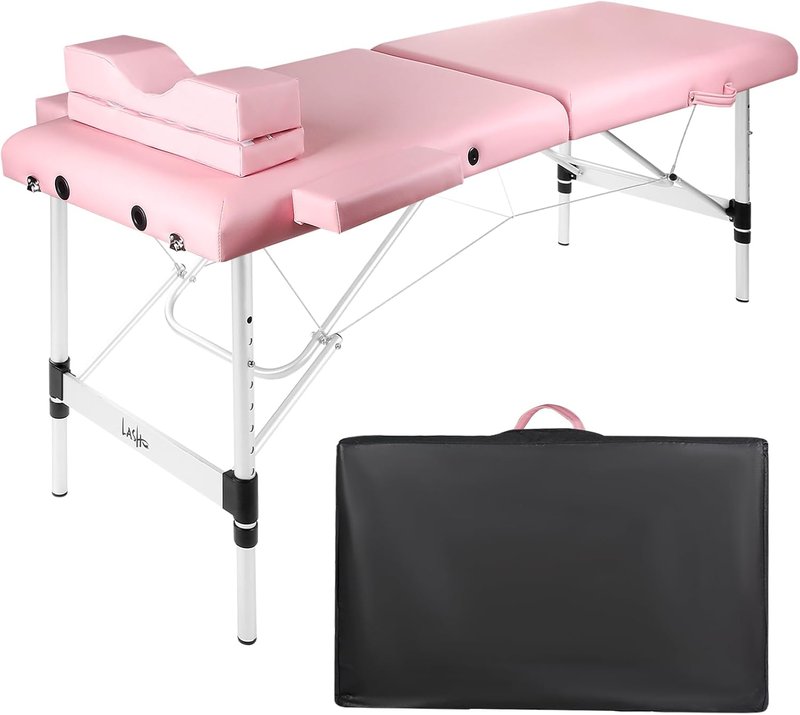 Masajeo Portable Lash Bed - Adjustable Spa Table with Eyelash Pillow | Waterproof Aluminum Frame (Pink)