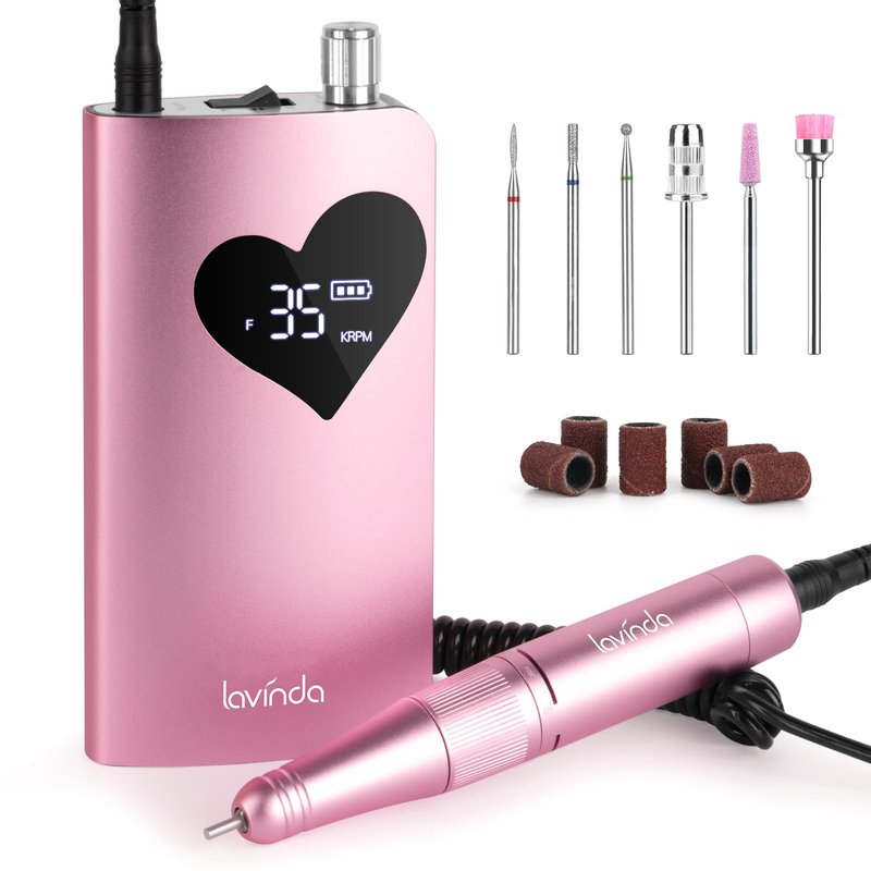 Lavinda Electric Nail Drill Machine, 35000RPM Professional Nail File Cordless Rechargeable Nail Efile for Acrylic Gel Nails (Pink 910)