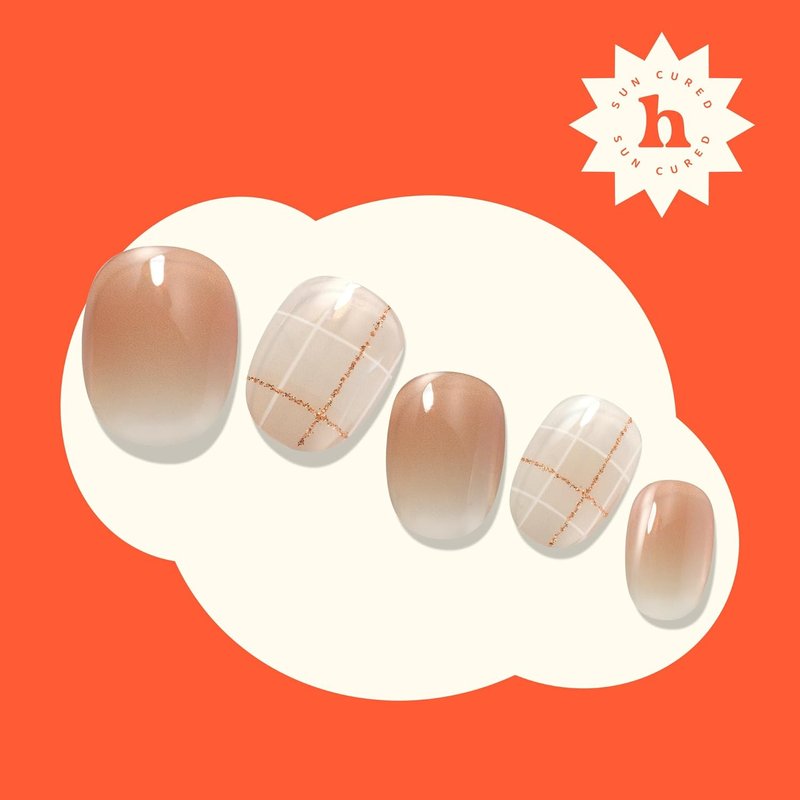 Heyhae Semi Cured Gel Nail Strips - Ombre Beige & Brown | No LED Lamp Needed | Easy Apply & Remove | 28 Strips, Prep Pads & Nail File Included
