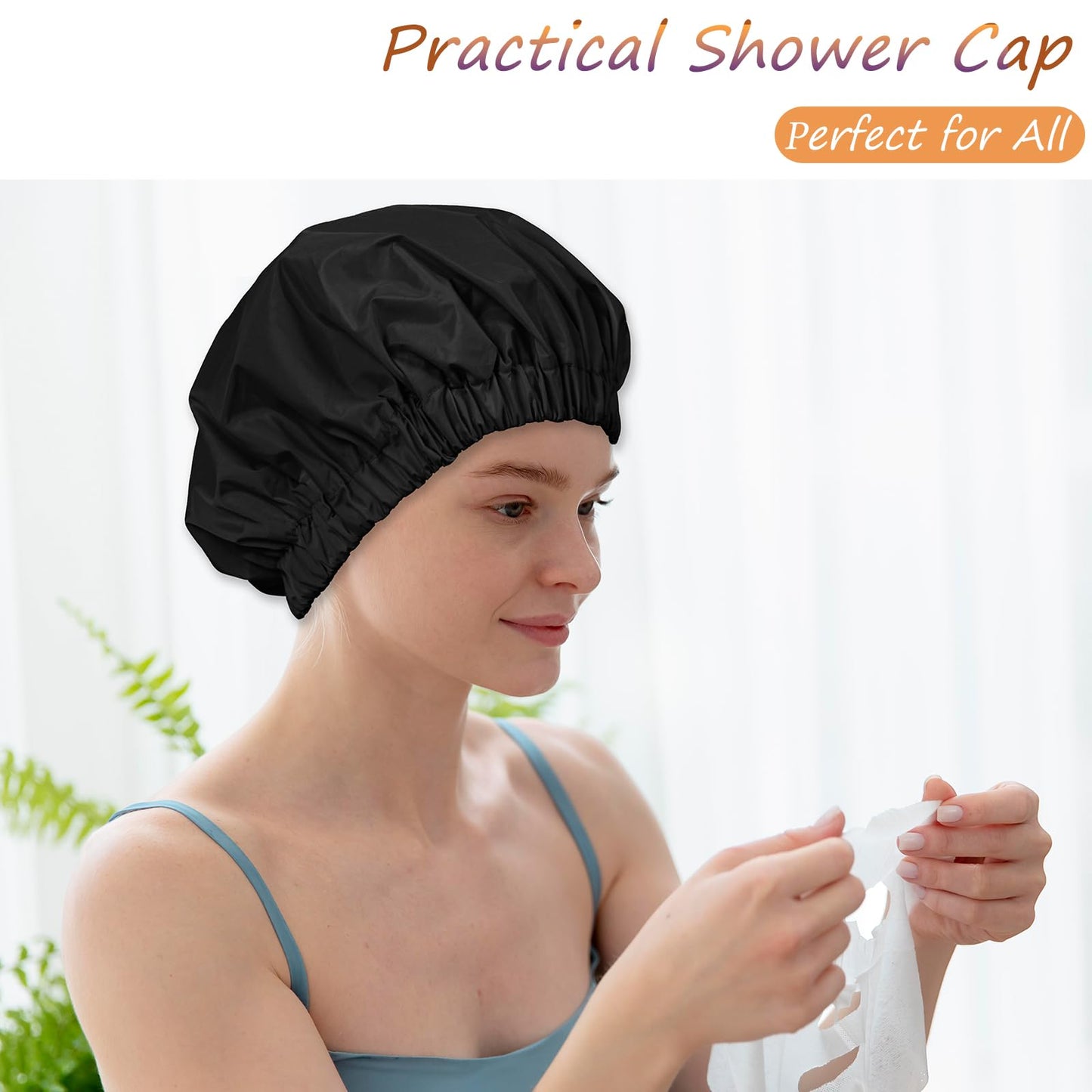 TUVATU Reusable Shower Cap for Women – Large Waterproof Satin Shower Bonnet for Long, Curly & Braided Hair, Washable Bath Hair Cover, Black + Purple