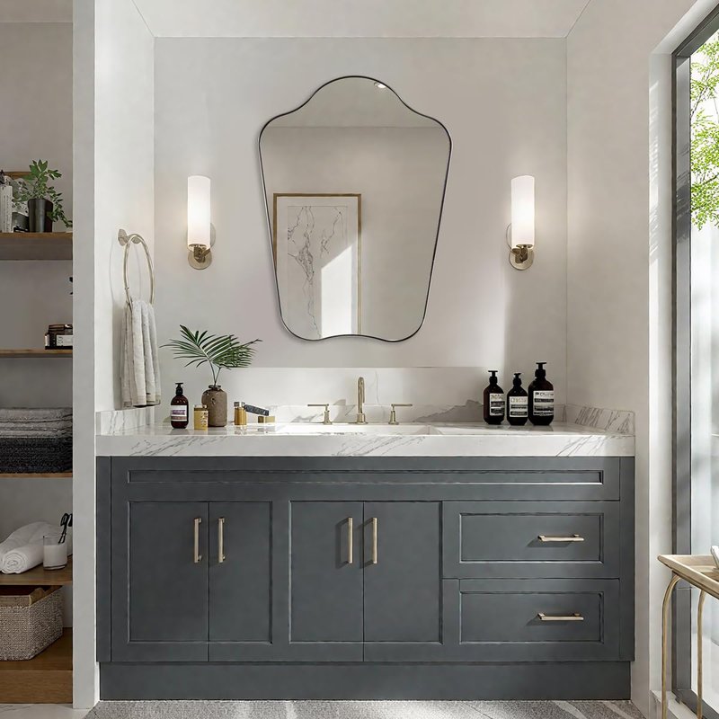 ANDY STAR Brushed Nickel Bathroom Mirror, 24x32 Scalloped Wall Mirror for Vanity, Curved Shaped Mirror for Entryway, Bedroom, Anti-Rust Stainless Steel Frame