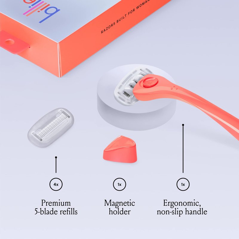 Billie Razors for Women Shave Kit – Women’s Razor + 4 x 5-Blade Razor Refills + Magnetic Holder – Coral
