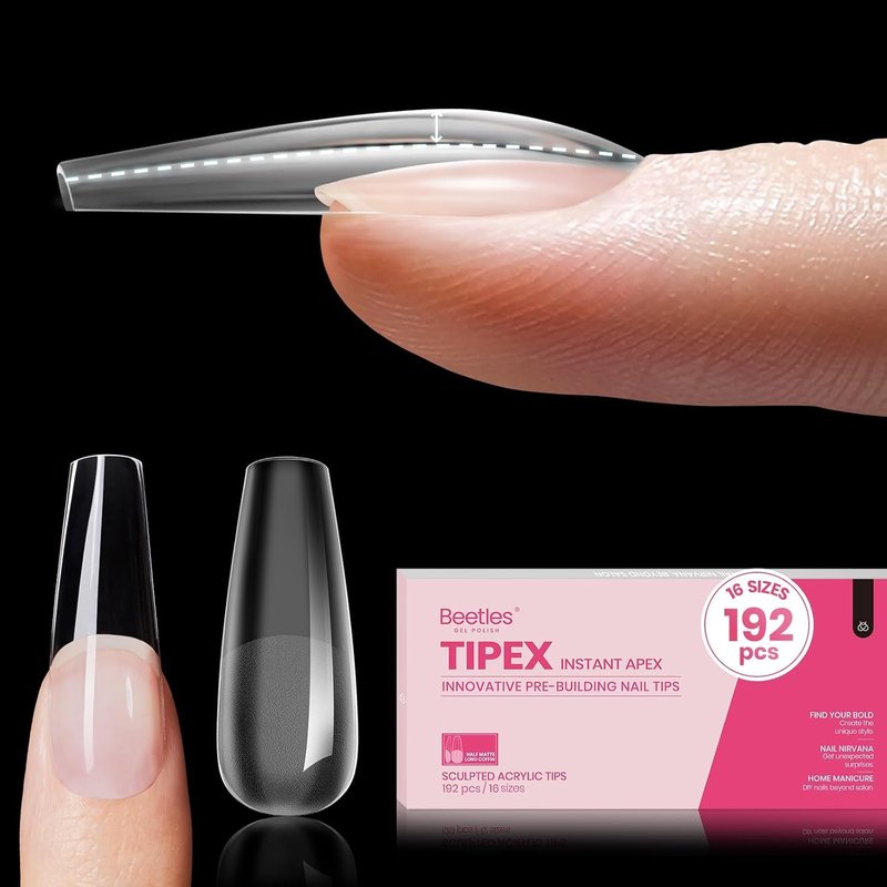 Beetles Tipex Instant Apex Nail Tips, Long Coffin, 16 Sizes |00–14, 192pcs, Built-In Apex, No Builder Gel Required, Thicker Strong Acrylic Tips for DIY Nail Extensions