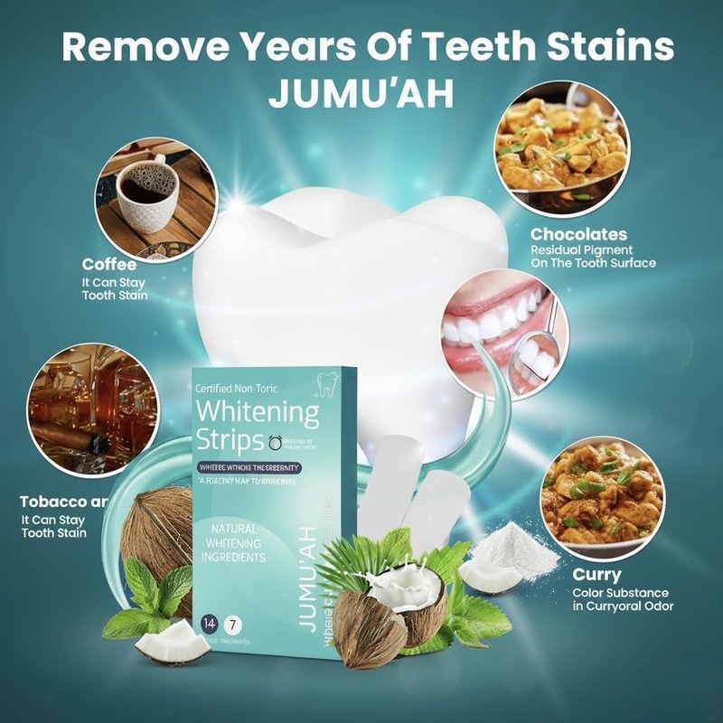 Jumu’ah Teeth Whitening Strips - 7 Treatments - 14 Strips - Enamel Safe - Certified Non-Toxic Teeth Whitening | Whitens Without Sensitivity, Coconut & Mint Flavor