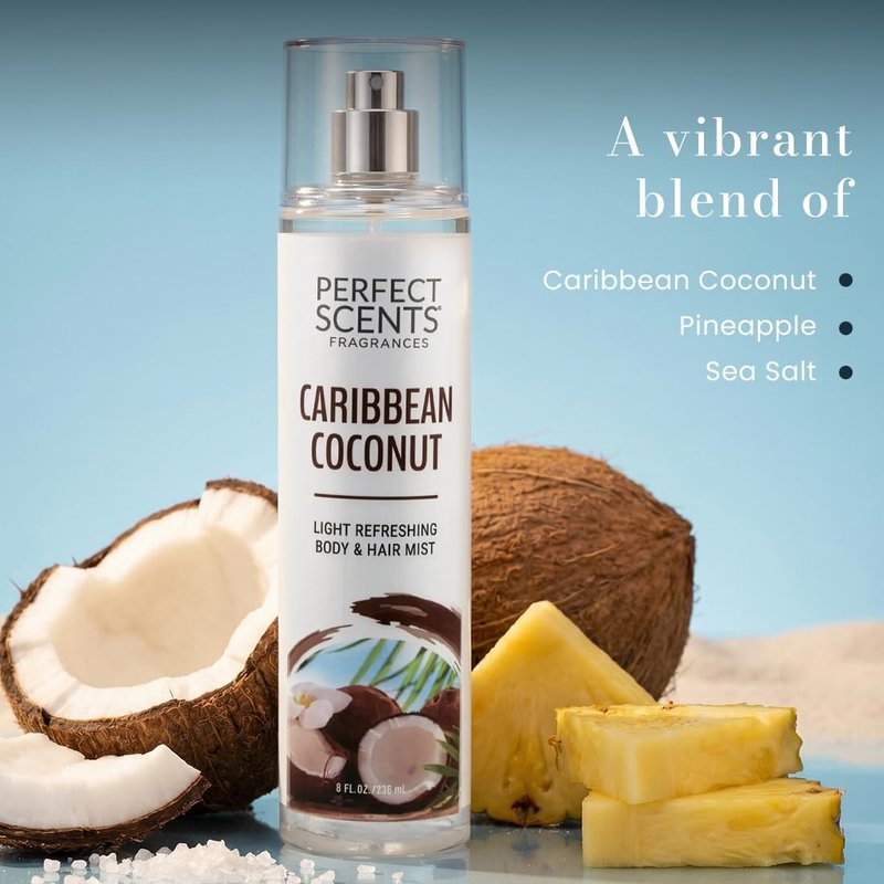 Caribbean Coconut Body & Hair Mist - Refreshing Vegan Spray, 8 Fl Oz | Paraben-Free, Infused with Panthenol